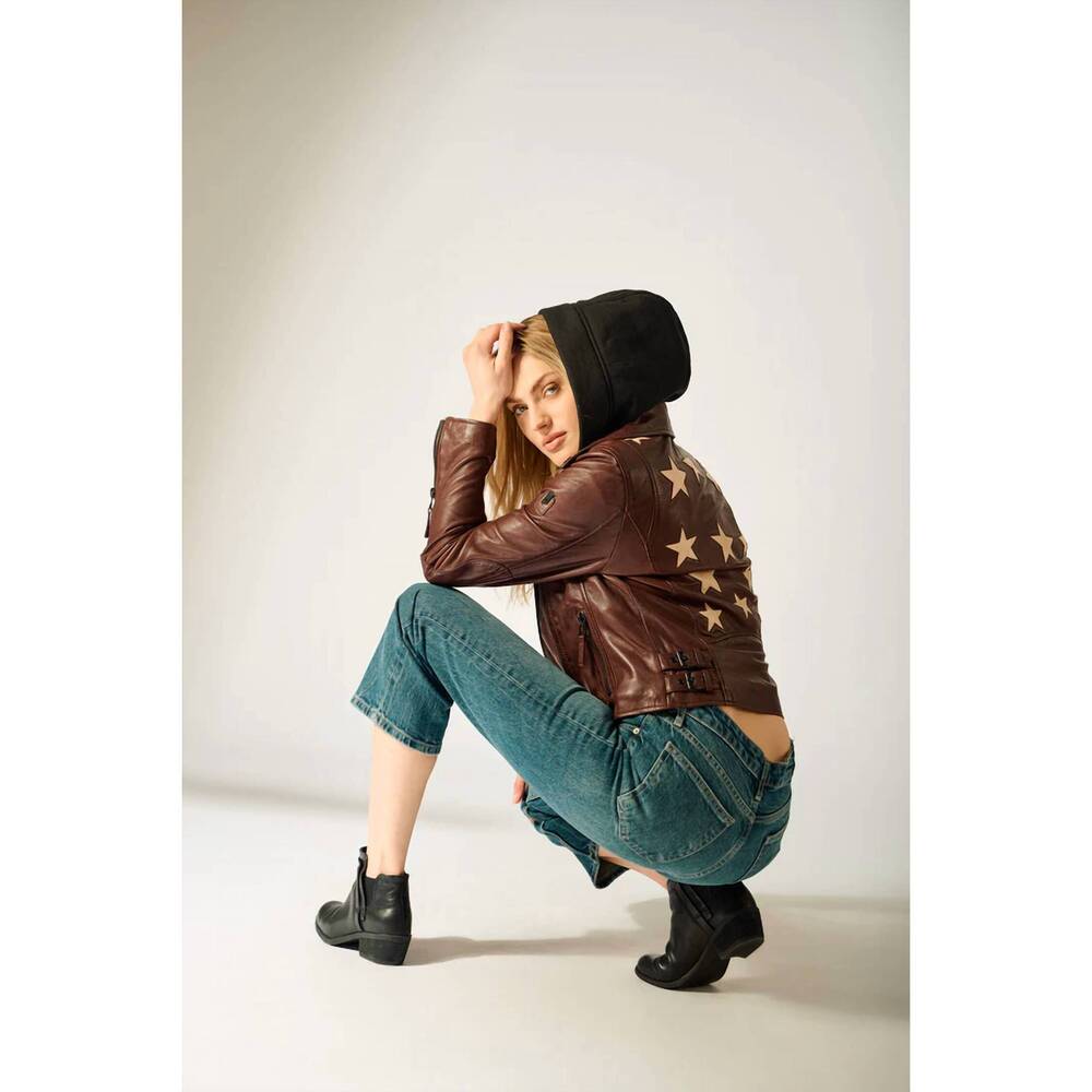NEW MAURITIUS christyn regular fit star detail with hood leather jacket in dark